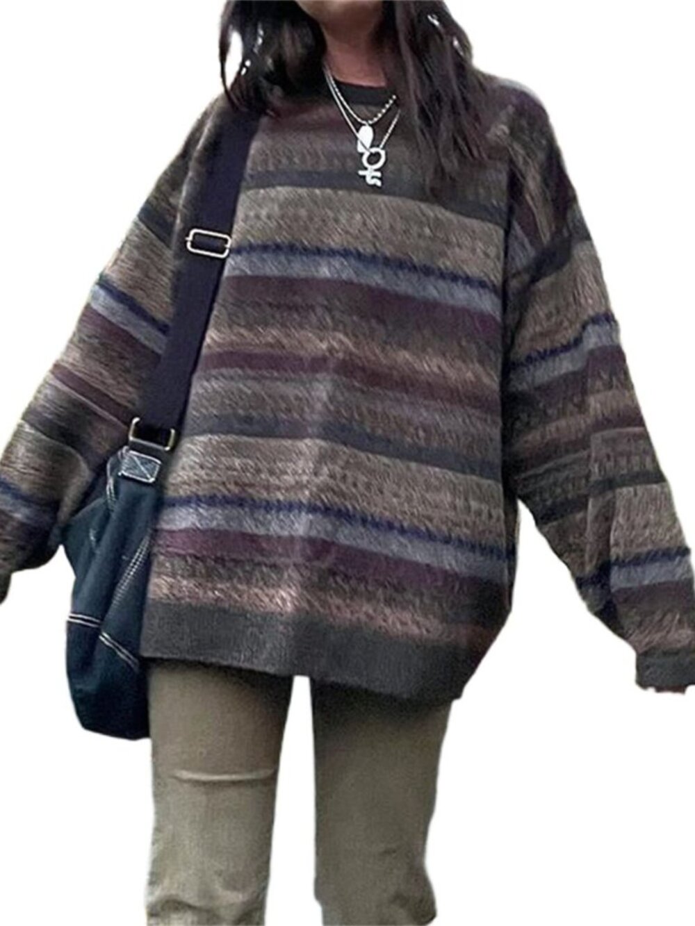 Women Y2K Argyle Striped Pullover Sweater Casual Long Sleeve Round Neck Vintage